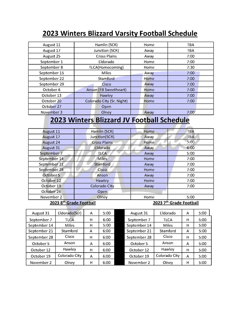 2023 Winters Blizzards Football Schedule